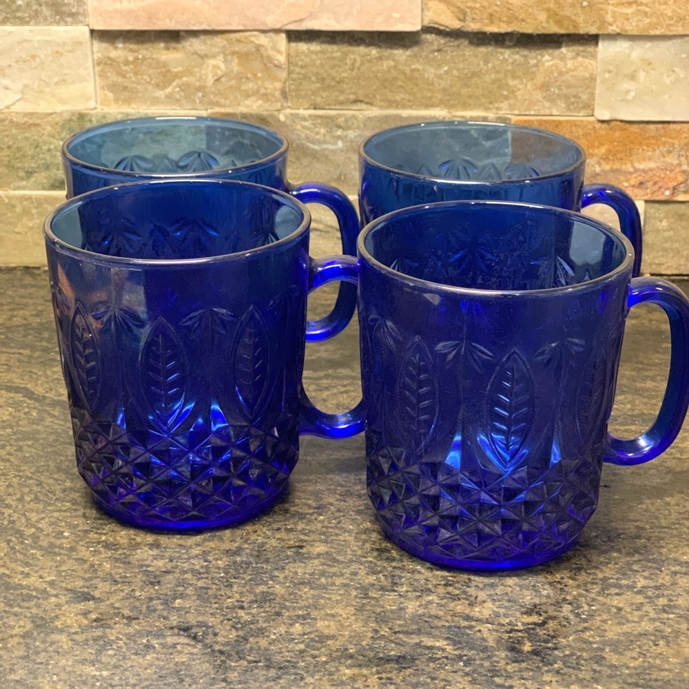 AVON | Set of 4 | Cobalt Blue Pressed Glass Mugs by Cristal d'Arques Durand